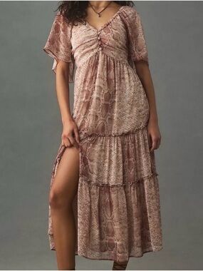 Bohemian Tiered V-Neck Maxi Dress in Dusty Rose Snake Print size L NWT